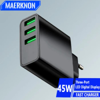 45W USB Charger Fast Charging Charger Quick Charge 3.0 Mobile Phone Charger LED Display EU Plug Wall Adapter For iPhone Samsung