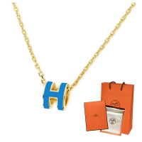 【Hermes 愛馬仕】H147992F 73 經典Mini Pop H立體簍空橢圓LOGO金邊項鍊(藍色)