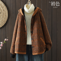 初色 復古印花連帽排釦長袖寬鬆保暖夾克夾棉外套-共2色-32444(L-2XL可選)