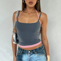 CUTENOVA 2024 Spring New Adjustable Straps Halter Clash Color Fake Two Piece Square Neck Backless Solid Hottie Girl Style Top