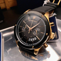 【MASERATI 瑪莎拉蒂】MASERATI手錶型號R8871627001(黑色錶面玫瑰金錶殼深黑色真皮皮革錶帶款)