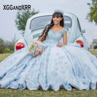 Charming Blue Mexican Quinceanera Dresses 2024 Ball Gown Prom Dress Illusion Beaded Flower Sweet 16 Dress Pageant Vestidos De 15