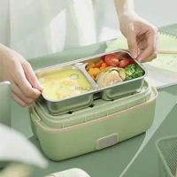 220V Multi Rice Cooker Electric Heating Lunch Box Portable Cooking Heating Pot Stainless Steel Inner For Travel With Tableware