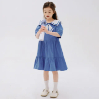 【UniKids】中大童裝短袖洋裝海軍領連身裙 女大童裝 VW22033(藍)