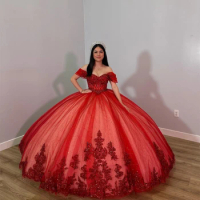 Red Off The Shoulder Tulle Luxury Quinceanera Dress 2024 Ball Gown Charro Mexican Dress vestido de 15 quinceañera 2024 azul zafi