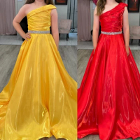 Girl Preteen Pageant Dress Shimmer Satin One-Shoulder Little Kid Birthday Formal Party Gown Infant Toddler Teens Tiny Young Miss