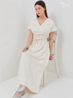 [HEY JUNE] - SABRINA V NECK LINEN DRESS PREMIUM - GAUN WANITA LINEN PREMIUM -Warna Bone