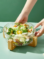 北歐創意玻璃碗歐式ins網紅個性水果盤家用透明小清新木架沙拉碗