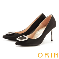 ORIN 方釦鑽飾絲綢牛皮高跟鞋 黑色