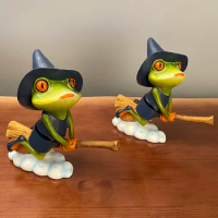 Resin Magic Witch Broom Frog Figurines for Interior Broomstick Charm Halloween Living Room Decoration Accessories