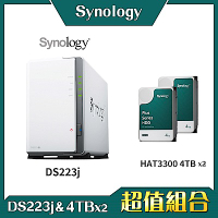 Synology DS223j 2Bay NAS 網路儲存伺服器＋Synology HAT3300 4TB NAS硬碟-兩入組