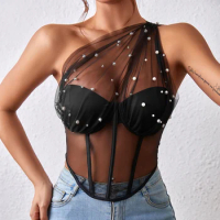 Vemina Sleeveless Backless Lace Up Crop Top,Pearl Chain Decoration Sexy Hollowing Mesh See Through Asymmetrical Halter-neck Vest