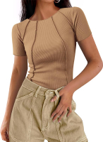 KIRUNDO Ribbed Short Sleeve Tops for Women Summer Casual Crew Neck Cute Crop Basic Tees Slim Fit Exp