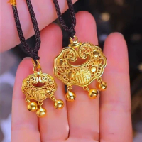 Real 24K Gold Color Longevity Lock Pendant Lock Necklace for Men Baby Pure 999 Color Necklaces Chain Wedding Fine Jewelry Gift