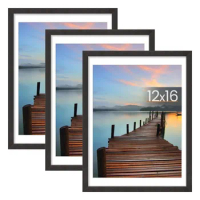 12x16 Frame 3 Pack, with Detachable Mat for 11x14 Pictures, Wall Mounting Charcoal Gray Photo Frame, Pre-Installed Hanging Hooks
