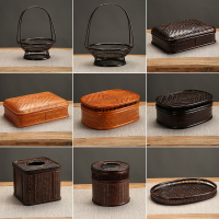 復古首飾盒八寶箱民間工藝品茶道日式竹編漆器盒子圓形帶蓋茶具