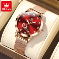 OLEVS Red Love Women's Watches Luxury Elegant Stainless Steel Mesh Belt Waterproof Quartz Wrist watch for Ladies Christmas Gift