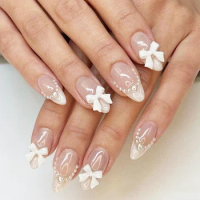 Nude Almond False Nails with 3D Bow Lightweight and Easy to Stick Fake Nail for Shopping Traveling Dating