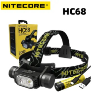 NITECORE HC68 High Performance Rechargeable Headlight Dual Beam Headlamp 2000 Lumens USB Charging Cable with NL1835HP Battery