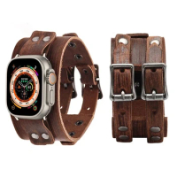 Genuine Leather Strap For Apple Watch Band 44mm 40mm 45mm 41mm 49mm Double Metal Buckle bracelet iWatch series 8 7 6 5 4 3 SE