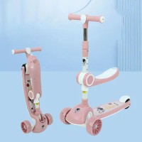 Foldable Kick Scooters For 2-10 Years Kids Boys Girls Music Board Seat Flash Wheels Adjustable Height Child Cycling Foot Scooter