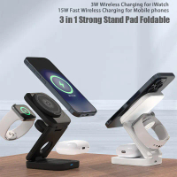 Pad Pendirian Pengecas Wayarles Magnetik Kuat, 3-dalam-1, Boleh Dilipat, Serasi dengan iPhone 15, 14
