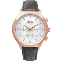 SEIKO 精工表 SSB342P1手錶 玫瑰金 三眼計時 日期 咖啡色壓紋皮帶 男錶