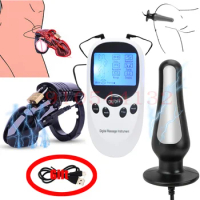 SM Electric Anal Plug Stimulator Electro Shock Chastity CB6000 Cock Cage Sex Ball Stretcher Penis Lock Ring Male Medical Toy Kit