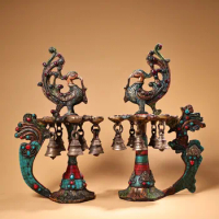 13"Tibetan Temple Collection Old Bronze Painted Outline in gold Mosaic Gem Turquoise Phoenix statue Oil lamp Candlestick A pair