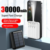 30000mAh Solar Power Bank Built-in Four Data Cable Portable Mini External Battery Powerbank For Samsung IPhone Xiaomi