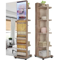 Full length mirror, large capacity, floor standing 3-color dimmable jewelry storage cabinet with 4 rollers