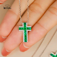 KUGG 18K White Gold Necklace Fashion Cross Design Real Natural Emerald Pendant Necklace for Women Shiny Diamond Jewelry
