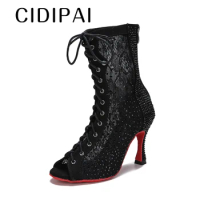 CIDIPAI New Female High Top Dance Boots Ballroom Dancing Shoes Lace Mesh Latin Dance Shoes Black Party Dance Boots Cuban Heel
