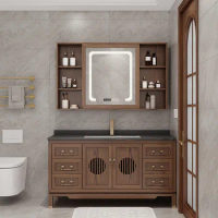 Red oak slate floor standing bathroom cabinet combination solid wood smart mirror cabinet