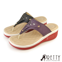 【Pretty】女 拖鞋 厚底 楔型 夾腳 T字 乳膠氣墊 台灣(紫色、黑色)