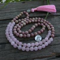 8mm Rhodochrosite And Rose Quartz Mala Beads Necklace, Buddha Pendant JapaMala, 108 Bead Mala, Mala Jewelry, Mala Prayer Beads