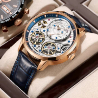 JINLERY Luxury Double Tourbillon Watch Automatic Mechanical Watch Men Fashion 2021 New Men's Watches Clocks Male montre homme
