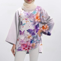 Muslim T-Shirt, Elegant Floral Design, Women's Muslim Dress, Irregular Slit, Long Sleeve Shirt, Suit