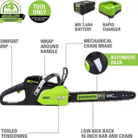 Greenworks 80V 18" Brushless Cordless Chainsaw (Great For Tree Felling, Limbing, Pruning, and Firewood) / 75+ Compatible Tools),