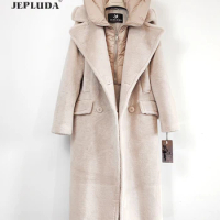 JEPLUDA High Quality Wool Blend Fur Coat Women 115cm Length Double Breasted With Detachable Downy Hood Winter Jacket For Women