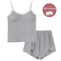 Women's Sleepwear Modal Ice Silk Pajama Set With Chest Pads Pyjamas Female Sleeveless Sling Tops and Shorts Nightwear For Summer