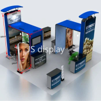 20ft Portable Tension Fabric Trade Show Display Booth Set Pop Up Banner with Podium TV Bracket