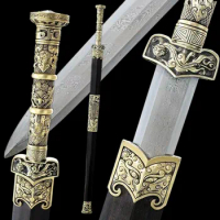 Handmade Brass Handle Chinese Han Dynasty Double Edge Sword Folded Damascus Steel Blade Jian Ebony Scabbar
