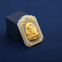 HOYON Certified Pure Gold AU999 Yellow Gold White Jade Buddha Pendant Hollow Design Buddhist for Men Women Couple Jewelry Gifts