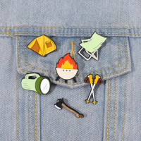 Outdoor Camping Tools Enamel Pins Tent Flashlight Chair Lapel Badge Pin Decorative Brooch Cartoon Pot Flame Pin for Friend Gifts