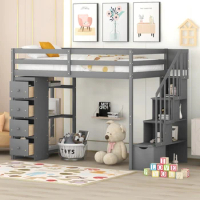 Twin size Loft Bed with Storage Drawers and Stairs, Wooden Loft Bed with Shelves, Solid Construction, Maximized space