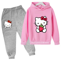 2024 New Hello Kitty Hoodie Boys &amp; Girls Sports Outdoor Cute Student Jumper Hoodie Set Fashion Anime For Teens 4-14 Years Old