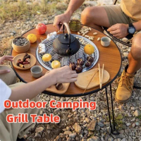 Camping Grill Table Folding Barbecue Round Table Portable Outdoor Trouist Picnic Tables Garden Wooden Charcoal Grill Burner