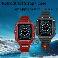 Retrofit Kit Strap For Apple Watch Band 45mm 44mm 40mm 41mm Rubber Belt+Carbon Fiber/Ceramic Case For iWatch 8 7 6 5 4 SE Belt