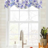 Spring Flower Watercolor Petunia Window Curtain Living Room Kitchen Cabinet Tie-up Valance Curtain Rod Pocket Valance